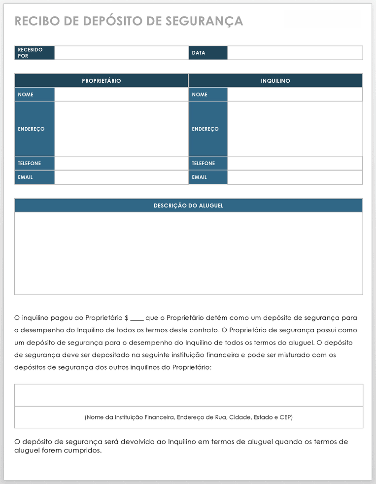 Modelo de Recibo de Depósito de Segurança de Gerenciamento de Propriedade