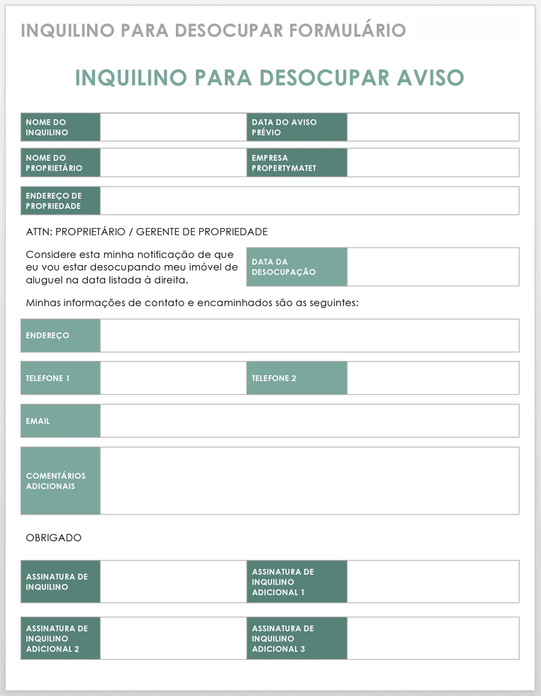  Modelo de formulário de administração de propriedade para inquilino para desocupação