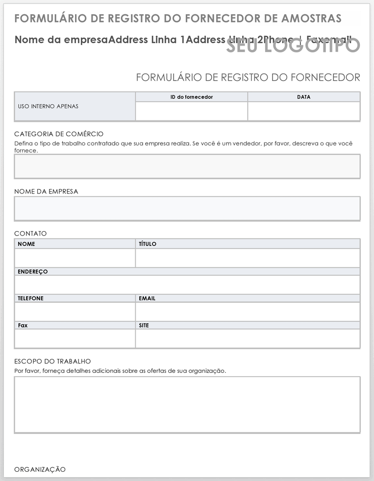 Exemplo de modelo de formulário de registro de fornecedor