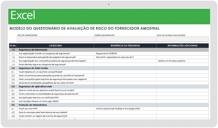 Exemplo de questionário de avaliação de risco do fornecedor