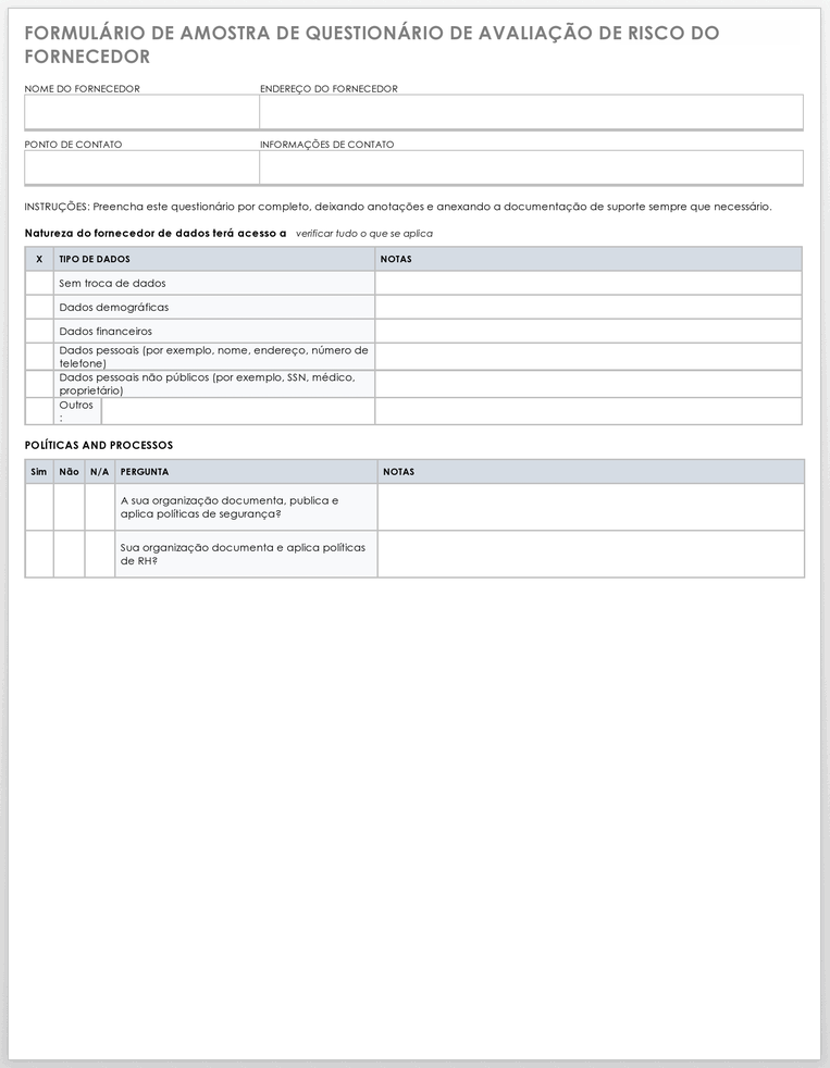 formulário de questionário de avaliação de risco do fornecedor