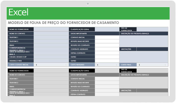 Modelo de Folha de Preços de Fornecedor de Casamento