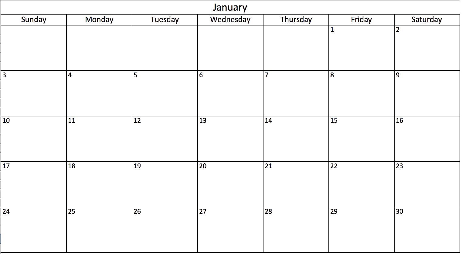 Blank Calendar in Excel