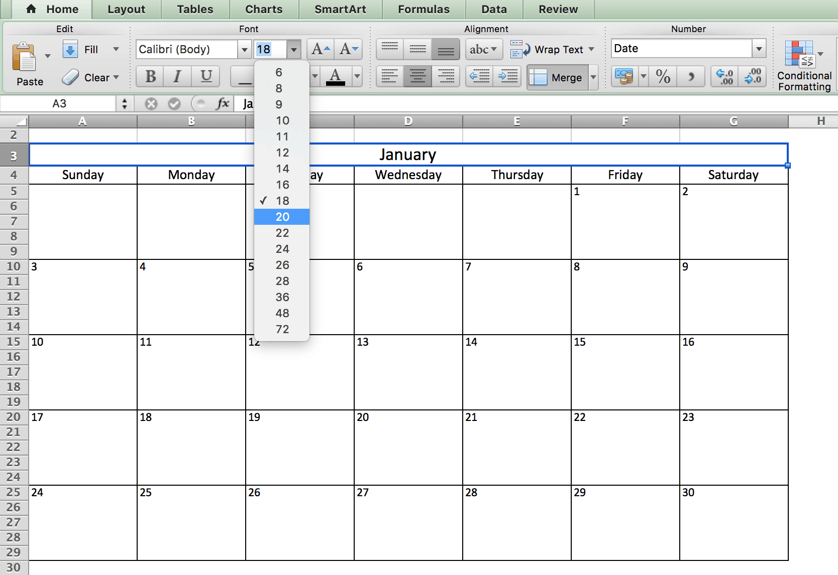 Choosing Fonts - Calendar in Excel