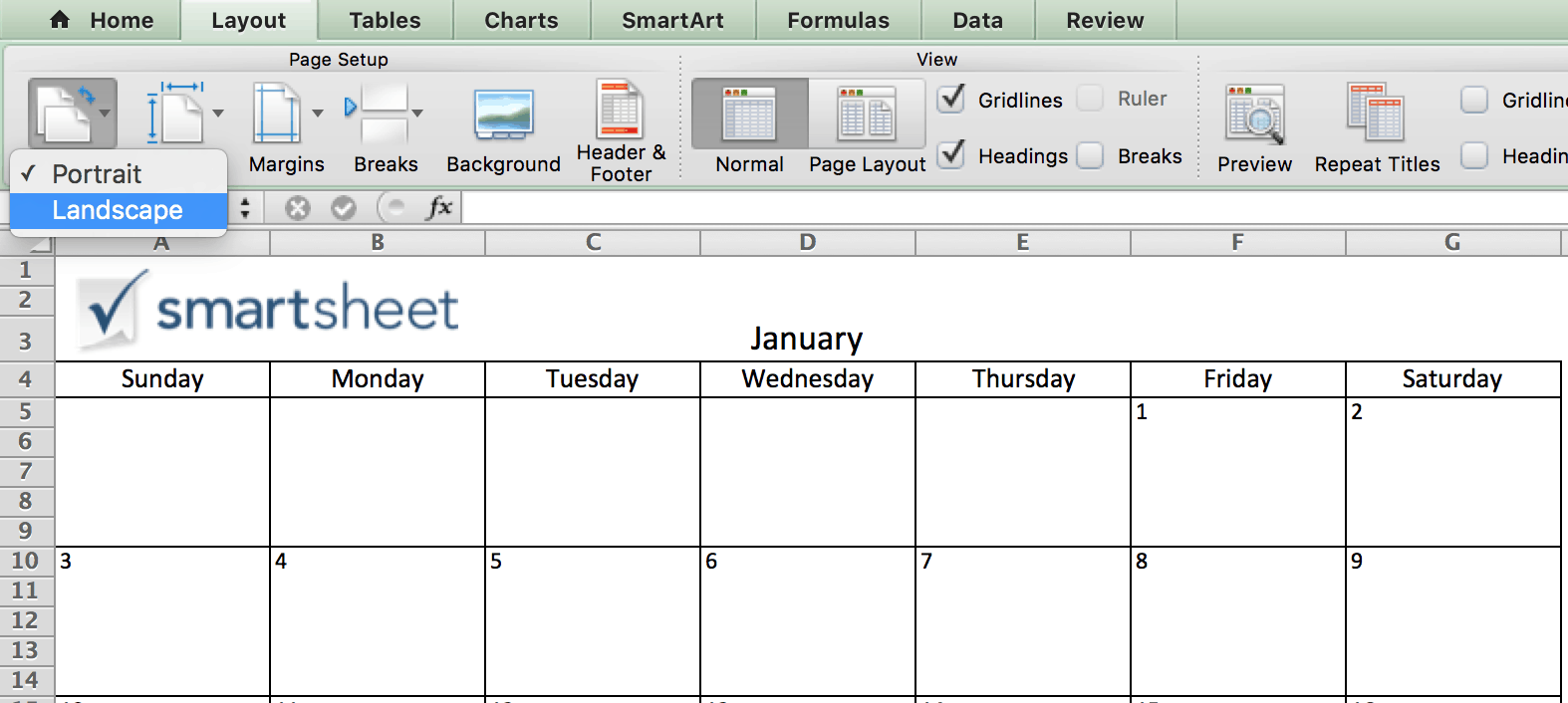 Orientation - Calendar in Excel