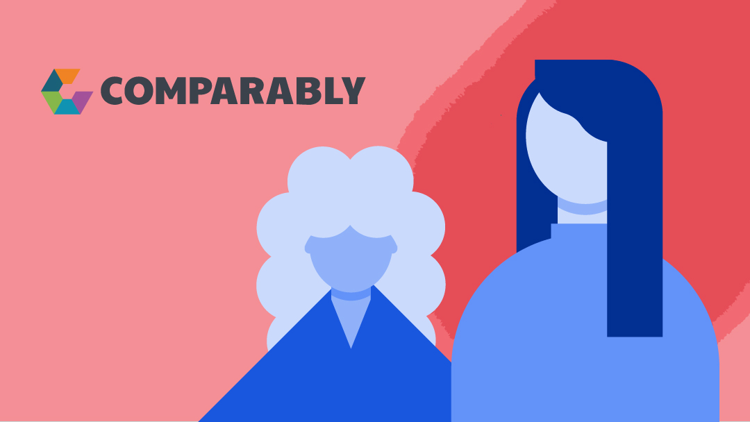 Two illustrated women with the Comparably logo