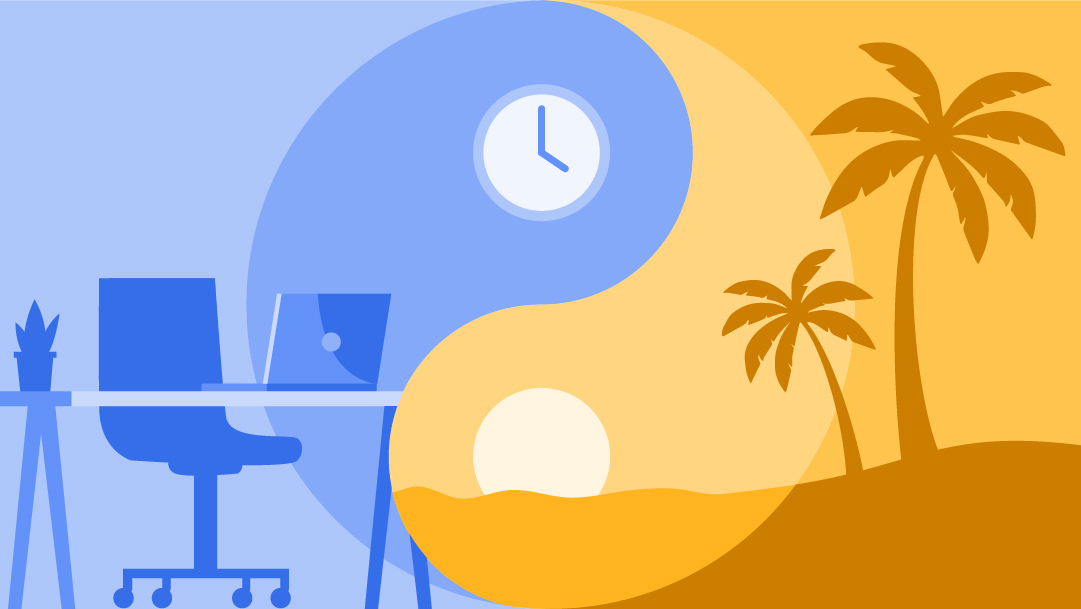 A horizontal image with a beach on one side and an office on another with a ying and yang in the center