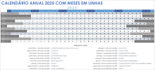 Modelo de calendário anual de 2025 com meses em linhas